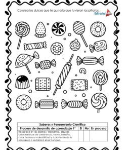 El Cuadernillo de Trabajo Las Piñatas para Preescolar presenta una hoja de trabajo en blanco y negro con caramelos, piruletas y bombones. Los niños colorean los dulces que quieren en Las Piñatas y rellenan una tabla de proceso de aprendizaje en la parte inferior.