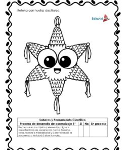 Ilustración en blanco y negro de una piñata estrella sonriente con grandes ojos y borlas del 