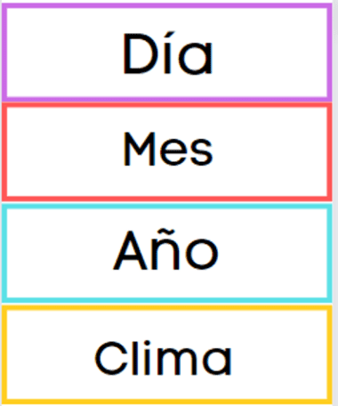Una lista apilada verticalmente de cuatro cuadros rectangulares de colores con palabras en español, similar a un Calendario. De arriba a abajo: "Día" (morado), "Mes" (rojo), "Año" (azul) y "Clima" (amarillo). Cada cuadro tiene un fondo blanco con texto negro.