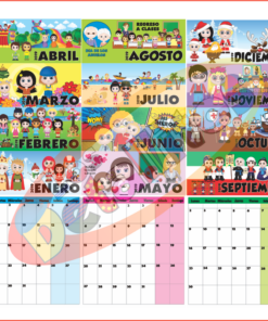 Calendario Pared 2021 en español, ilustrado con coloridos personajes de dibujos animados temáticos para cada mes, dispuestos sobre una cuadrícula estándar con las fechas.
