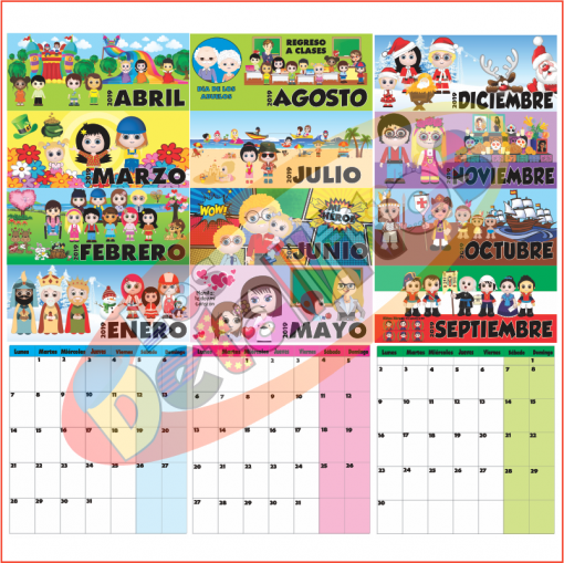Calendario Pared 2021 en español, ilustrado con coloridos personajes de dibujos animados temáticos para cada mes, dispuestos sobre una cuadrícula estándar con las fechas.