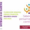 Un diseño colorido con texto en español: "PLANEACION SEMANAL 1ER TRIMESTRE MATEMATICAS 2". A la derecha se lee: "Saberes y pensamiento científico" con círculos decorativos. A la izquierda hay una columna con un patrón morado con "Matemáticas". Abajo a la derecha, "Secundarias Generales