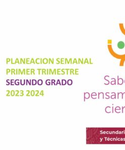 Un diseño colorido con texto en español: "PLANEACION SEMANAL 1ER TRIMESTRE MATEMATICAS 2". A la derecha se lee: "Saberes y pensamiento científico" con círculos decorativos. A la izquierda hay una columna con un patrón morado con "Matemáticas". Abajo a la derecha, "Secundarias Generales