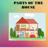 Ilustración de una casa recortada que muestra varias habitaciones, como el dormitorio, la cocina y el baño, con el título "Recurso de clase: Partes de la casa" arriba en texto amarillo sobre fondo degradado, utilizada como recurso con fines educativos.