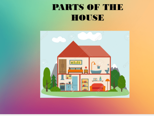 Ilustración de una casa recortada que muestra varias habitaciones, como el dormitorio, la cocina y el baño, con el título "Recurso de clase: Partes de la casa" arriba en texto amarillo sobre fondo degradado, utilizada como recurso con fines educativos.