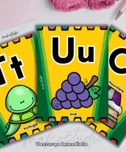 Tres coloridas tarjetas educativas muestran las letras "Tt" con una tortuga, "Uu" con uvas y "Ch" con chocolate. Cada tarjeta presenta una ilustración y la palabra en español correspondiente debajo de la letra.