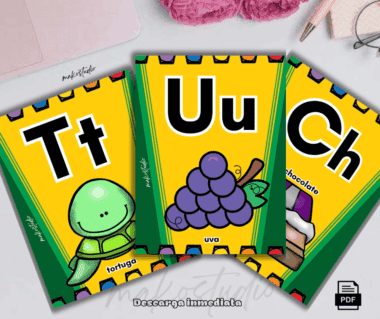 Tres coloridas tarjetas educativas muestran las letras "Tt" con una tortuga, "Uu" con uvas y "Ch" con chocolate. Cada tarjeta presenta una ilustración y la palabra en español correspondiente debajo de la letra.