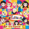 Oración con nombre del producto: Imagen colorida que muestra varios niños estilo dibujos animados y un personaje títere, centrada alrededor del texto "Los Detallitos" y "Eres Especial El CD Completo" mostrado sobre un fondo vibrante y de mosaico.