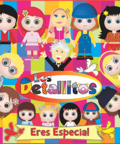 Oración con nombre del producto: Imagen colorida que muestra varios niños estilo dibujos animados y un personaje títere, centrada alrededor del texto "Los Detallitos" y "Eres Especial El CD Completo" mostrado sobre un fondo vibrante y de mosaico.