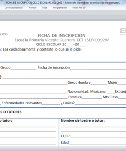 Una captura de pantalla de una Cédula de Inscripción para la 