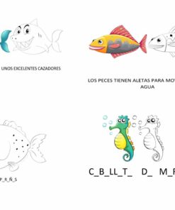 Una hoja de trabajo que presenta **Actividades Animales Marinos colorear y lectoescritura** con ilustraciones de animales marinos. Arriba a la izquierda: tiburón azul, arriba a la derecha: pez amarillo, ambos con subtítulos en español. Abajo a la izquierda: pez al que le faltan letras para completar su nombre (P_R_N_S). Abajo a la derecha: dos caballitos de mar con actividad similar (C_B_LL_T D_M_R).