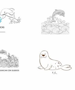 Una página para colorear que presenta una orca saltando y un delfín con la etiqueta 