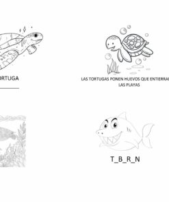 Cuatro dibujos en blanco y negro de Actividades Animales Marinos para colorear y lectoescritura: una tortuga marina con la etiqueta 