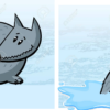 Caricatura de dos paneles: en el primer panel, un lobo gris de dibujos animados se encuentra en invierno sobre el hielo mientras mira hacia abajo con preocupación. En el segundo panel, a medida que cambia la **Secuencia: Estados de agregación del agua**, el lobo se encuentra en primavera sobre un charco mientras el hielo se ha derretido, todavía mirando hacia abajo con preocupación.