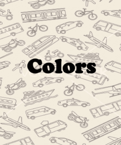Fondo transparente que presenta una variedad de Recurso de clase: Transporte y colores como automóviles, autobuses, bicicletas y aviones en varios colores, con la palabra 