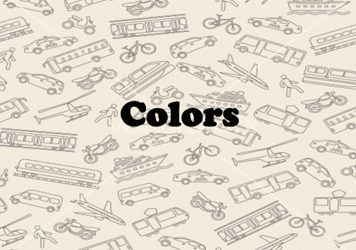 Fondo transparente que presenta una variedad de Recurso de clase: Transporte y colores como automóviles, autobuses, bicicletas y aviones en varios colores, con la palabra "Colores" en el centro.