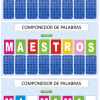 Tres imágenes de un juego de composición de palabras titulado "Componedor de Palabras Digital" que presenta fichas de letras dispuestas para deletrear "MAESTROS" y "MAMÁ" en tableros de colores.
