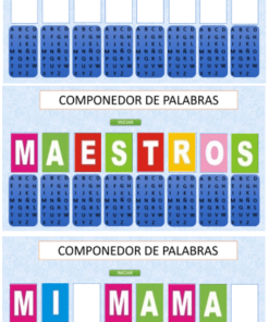 Tres imágenes de un juego de composición de palabras titulado "Componedor de Palabras Digital" que presenta fichas de letras dispuestas para deletrear "MAESTROS" y "MAMÁ" en tableros de colores.
