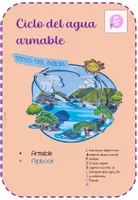 Una hoja de instrucciones en español para construir un modelo del ciclo del agua. Incluye un diagrama colorido del ciclo del agua con partes etiquetadas como nubes y cuerpos de agua, y un encabezado morado que dice "Ciclo del agua armable". Las instrucciones y una lista de verificación se encuentran en la parte inferior derecha.