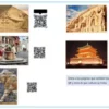 CULTURAS ANTIGUAS ROMA, EGIPTO, ETC 7 Un collage de imágenes históricas y culturales con códigos QR al lado de cada una. Las imágenes incluyen grabados antiguos, una escena callejera tradicional, una escultura monumental, una pagoda y un diseño arquitectónico detallado. El texto en español indica escanear códigos QR para explorar las culturas representadas.