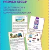 Colorido póster en español que anuncia actividades de comprensión lectora para niños, con tres ejemplos de hojas de trabajo, una ilustración de una botella y el logotipo de un globo que dice "Mi Lápiz Lila", todo sobre un fondo de degradado de arco iris.