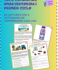 Colorido póster en español que anuncia actividades de comprensión lectora para niños, con tres ejemplos de hojas de trabajo, una ilustración de una botella y el logotipo de un globo que dice "Mi Lápiz Lila", todo sobre un fondo de degradado de arco iris.