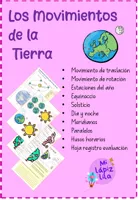 Póster en español titulado "Los Movimientos de la Tierra" con una lista de temas sobre el movimiento de la Tierra, pequeñas ilustraciones de planetas y la Tierra, y fichas de trabajo sobre el movimiento planetario sobre fondo rosa.