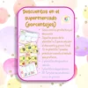 Un colorido gráfico promocional sobre un fondo pastel con texto sobre descuentos en supermercados. Incluye una lista de pasos para usar plantillas de descuento. Se incluyen imágenes de tarjetas de descuento, sugiriendo herramientas para calcular los precios finales y practicar varios métodos.