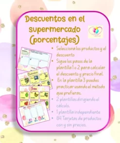 Un colorido gráfico promocional sobre un fondo pastel con texto sobre descuentos en supermercados. Incluye una lista de pasos para usar plantillas de descuento. Se incluyen imágenes de tarjetas de descuento, sugiriendo herramientas para calcular los precios finales y practicar varios métodos.