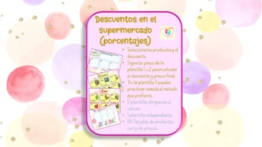 Un colorido gráfico promocional sobre un fondo pastel con texto sobre descuentos en supermercados. Incluye una lista de pasos para usar plantillas de descuento. Se incluyen imágenes de tarjetas de descuento, sugiriendo herramientas para calcular los precios finales y practicar varios métodos.