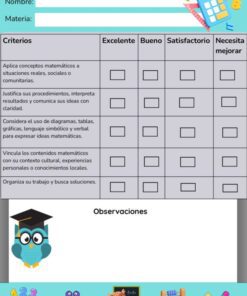 Rúbrica de matemáticas para tercero de primaria con tabla de evaluación de cuatro niveles, espacio para nombre, materia y observaciones. Incluye dibujos de un búho con birrete y varios íconos escolares coloridos.