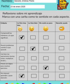 Una hoja de trabajo de autoevaluación matemática para tercer grado en español, con criterios y casillas de verificación con emoticones para que los alumnos califiquen su comprensión y sus sentimientos acerca de diferentes habilidades matemáticas.