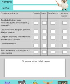 Colorida rúbrica de presentación oral para tercer grado con animales de dibujos animados. Incluye nombre, fecha, criterios de evaluación con casillas de verificación y espacio para comentarios del profesor. Las filas cubren la claridad, el uso de recursos, el lenguaje corporal, el dominio del tema y las respuestas.