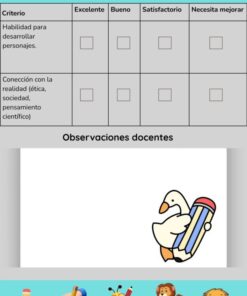Una rúbrica para textos narrativos de 3º de primaria con criterios: desarrollo del personaje y conexión con la realidad, cuatro columnas de calificación, espacio para comentarios del profesor y un pato de dibujos animados sosteniendo un gran lápiz en la parte inferior.