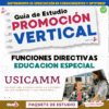 Portada de una guía de estudio titulada "Guía de Estudio Promoción Vertical", centrada en las funciones de liderazgo en educación especial, con imágenes de dos mujeres interactuando en un aula en la parte inferior.