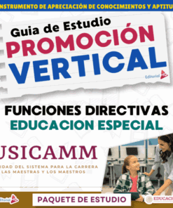 Portada de una guía de estudio titulada "Guía de Estudio Promoción Vertical", centrada en las funciones de liderazgo en educación especial, con imágenes de dos mujeres interactuando en un aula en la parte inferior.