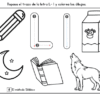 Hoja de trabajo en blanco y negro con dibujos de un lápiz, un cartón de leche, una luna creciente con estrellas, un libro abierto y un lobo aullando. Incluye "L" mayúscula y minúscula calcable e instrucciones en español para calcar y colorear.