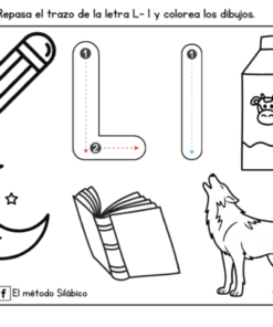 Hoja de trabajo en blanco y negro con dibujos de un lápiz, un cartón de leche, una luna creciente con estrellas, un libro abierto y un lobo aullando. Incluye "L" mayúscula y minúscula calcable e instrucciones en español para calcar y colorear.