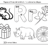 Hoja de ejercicios en blanco y negro con imágenes de un ratón, la letra R con trazos, una rosa, una caja de regalo, un rinoceronte y una rueda. El texto en español da instrucciones para trazar la letra R y colorear los dibujos.