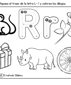 Hoja de ejercicios en blanco y negro con imágenes de un ratón, la letra R con trazos, una rosa, una caja de regalo, un rinoceronte y una rueda. El texto en español da instrucciones para trazar la letra R y colorear los dibujos.