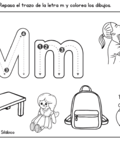 Hoja de trabajo en blanco y negro que muestra la letra "Mm" con flechas de calco, una mujer que levanta a un bebé, una mesa, una muñeca, una mochila y un tarro de miel con un cazo. Las instrucciones están en español.