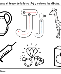 Hoja de ejercicios en blanco y negro con una jarra, una jeringuilla, joyas, una jirafa y una caja de zumo. La parte superior muestra cómo trazar la letra J mayúscula y minúscula. Las instrucciones en español dicen que hay que trazar la J y colorear los dibujos.