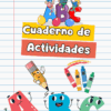 Colorida portada de un libro de actividades para niños con dibujos animados de niños, grandes letras "ABC", un lápiz sonriente, lápices de colores y el texto en español "Cuaderno de Actividades" sobre un fondo de papel rayado.