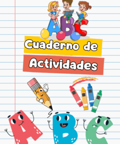 Colorida portada de un libro de actividades para niños con dibujos animados de niños, grandes letras "ABC", un lápiz sonriente, lápices de colores y el texto en español "Cuaderno de Actividades" sobre un fondo de papel rayado.