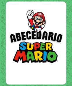 Super Mario levanta el puño sobre un texto en negrita que dice "Abecedario Super Mario" en letras coloridas y divertidas. El fondo es verde claro con dibujos de iconos de Mario.