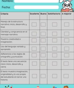 Rúbrica de evaluación para textos narrativos de tercer grado con criterios y casillas para calificar de excelente a mejorar; ilustraciones de conejo, mariquita, lápiz, osito y lápices decoran la hoja.