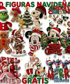 Colorido collage de diseños de bordado de temática navideña, que incluye personajes como el Grinch, Snoopy, Mickey Mouse, Minnie Mouse, Stitch y hombres de jengibre, con texto festivo en español e inglés.