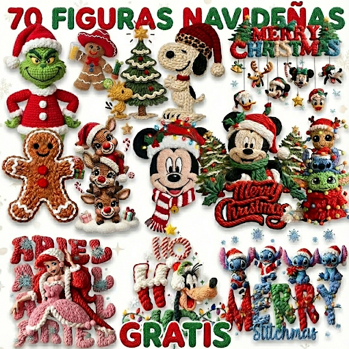 70 figuras Navideñas estilo Tejido Crochet - Para tus Proyectos !GRATIS! 1 Colorido collage de diseños de bordado de temática navideña, que incluye personajes como el Grinch, Snoopy, Mickey Mouse, Minnie Mouse, Stitch y hombres de jengibre, con texto festivo en español e inglés.