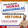 Portada de una guía de estudio para horas adicionales de historia de la educación básica, con texto en negrita y a todo color, el logotipo de la USICAMM y un hombre sonriente con gafas y los brazos cruzados en la esquina inferior derecha.