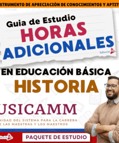 Portada de una guía de estudio para horas adicionales de historia de la educación básica, con texto en negrita y a todo color, el logotipo de la USICAMM y un hombre sonriente con gafas y los brazos cruzados en la esquina inferior derecha.